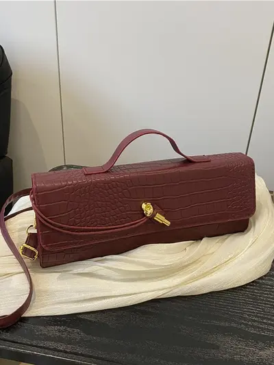 Large-Capacity Crocodile-Pattern Evening Clutch Women's Crossbody Baguette Bag with Lock - 3