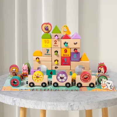 Wooden farm building blocks with number and shape recognition