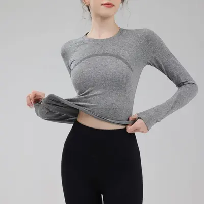 Damen-Sportshirt Yoga langärmlig schnelltrocknend Rundhals