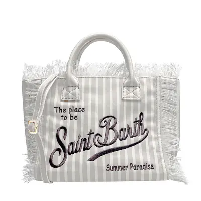 Beach Canvas Tote Bag with Tassel Embroidery, Women's Crossbody - 8
