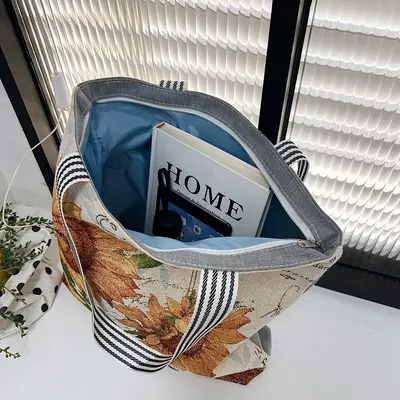 Gold Silk Fabric Women's Canvas Tote Bag with Creative Pattern - 5