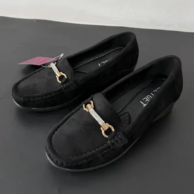 Kadın Topuklu Fasulye Ayakkabı, Taş Metal Tokalı Loafer, Yumuşak Tabanlı Kaymaz