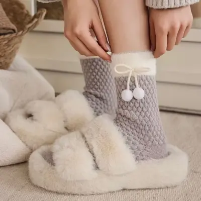 Women's Thick Autumn Winter White Pom-Pom Long Socks, Fleece-Lined Plaid