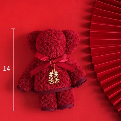 Coral velvet wedding towel with commemorative bear box and trousseau gift set - 7