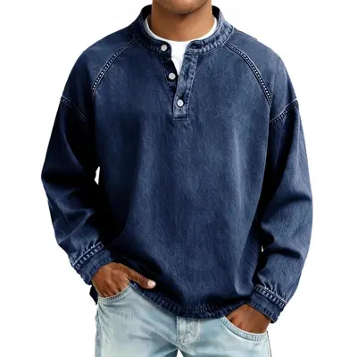 Men's Washed Distressed Vintage Stand-Collar Long-Sleeve Sweatshirt - 8