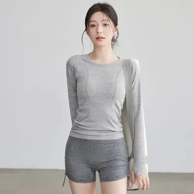 纯色新款瑜伽健身训练服圆领高弹普拉提骑行跑步瑜伽服女t恤批发