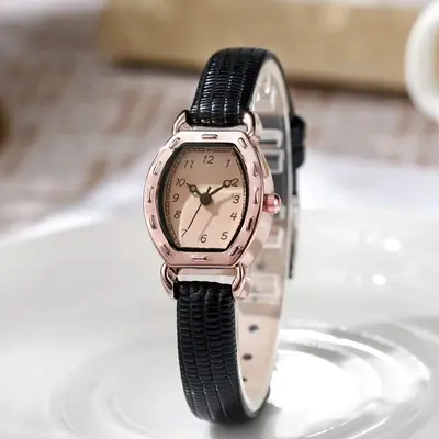 Vintage barrel-shaped women's watch, leather strap, quartz - 4
