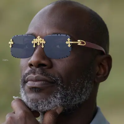 Retro-Sonnenbrille für Herren, rahmenlos, mit Holzmaserung-Bügeln