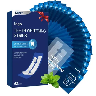 Mint-flavored teeth whitening strips removing stains and yellowing
