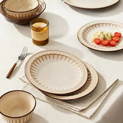 Retro Kahverengi Amber Seramik Yemek Takımı, Restoran Biftek ve Salata Tabağı