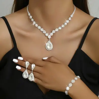 Moda mücevher seti, gelin kolye, küpe ve bilezik, su damlası tasarımı - 7