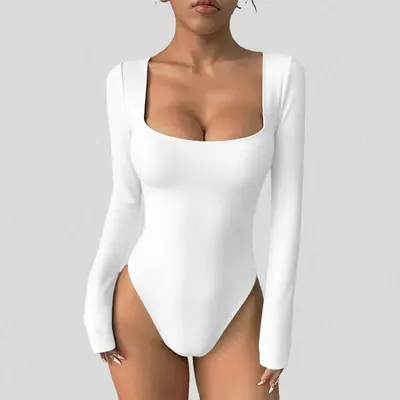 Kadın uzun kollu tek parça yoga tulumu, kare yaka, dar kesim fitness jumpsuit - 8