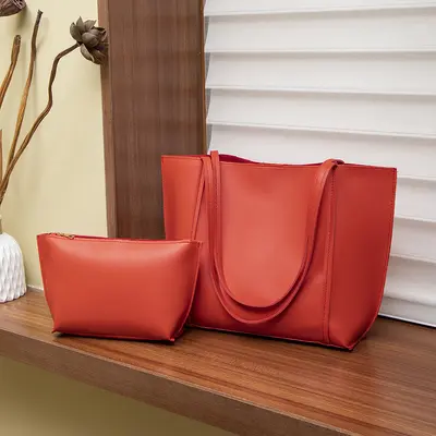Women's Solid Color Large Tote Bag with Detachable Inner Pouch Korean Style - 2