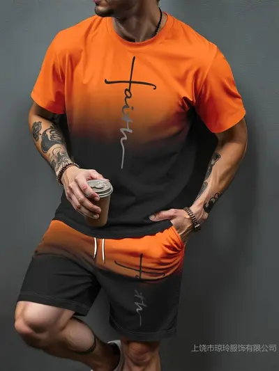 Erkek 3D Baskılı T-Shirt ve Şort İkili Takım, Gradyan Harf Desenli, Yaz - 7
