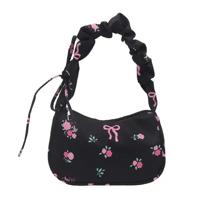 Pleated Bow Print Women's Shoulder Bag, Korean Style Underarm Bag - 6
