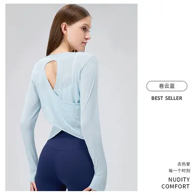 Women's Bamboo Yoga Top, Long Sleeve, Open Back, Breathable - 13