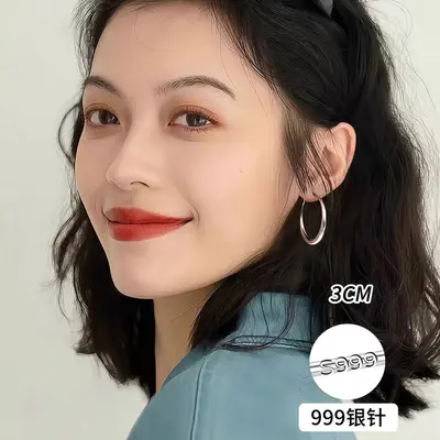 999纯银针圈圈耳环女轻奢高级感耳圈素圈耳夹耳钉大圆圈耳饰批发 - 7