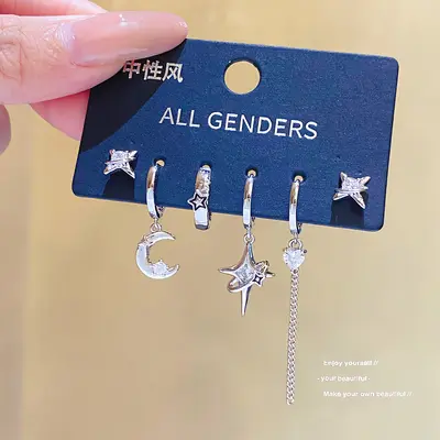 Gümüş iğne küpe seti, katmanlı çok delikli - 11