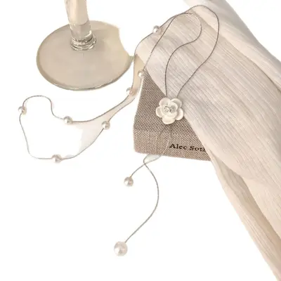 Camellia pearl pendant necklace, elegant long women's accessory - 6