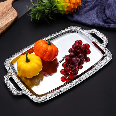 Stainless Steel Rectangular Serving Tray, Silver Rim