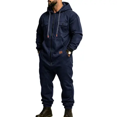 Erkek Ağır Kumaş Fermuarlı Haki İş Tulumu, Açık Hava Rahat Hip-Hop Tarzı - 7