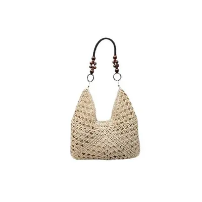 2026 Model Woven Straw Bag with Wooden Beads, Single Shoulder, Large Capacity - 6