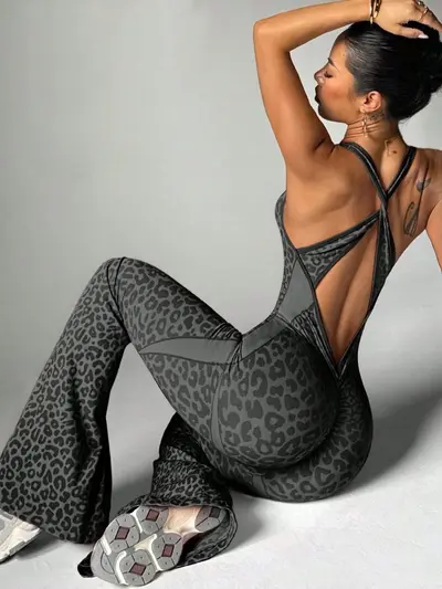Leopard Print Cross Back Flared One-Piece Yoga Jumpsuit for Women - 8
