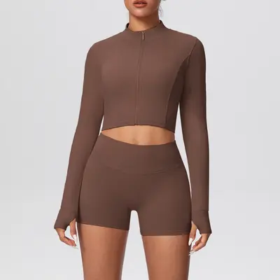 Solid Color Two-Piece Short Jacket Set, Tight-Fit Yoga and Running Wear - 7