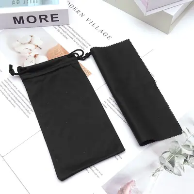 Solid Colour Glasses Pouch and Microfibre Cloth Set, Drawstring Bag - 10