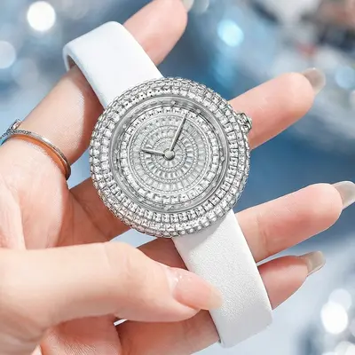 Damen-Quarzuhr mit vollständiger Kristallbesetzung und echtem Lederarmband - 4