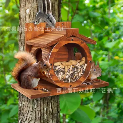 Wooden Wall-Mounted Squirrel and Bird Feeder, Outdoor, Double-Sided Feeding Holes
