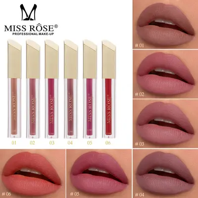 MISS ROSE Оптовая продажа для трансграничной торговли, матовый блеск для губ 24 цвета, не оставляет следов на кружке, стойкий, увлажняющая помада для губ, гидратирующая помада