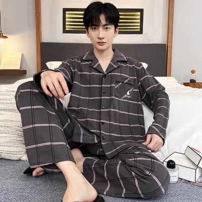Herren-Pyjama-Set langarm mit Strickjackenkragen, Übergröße - 11