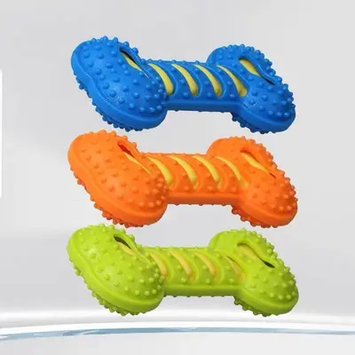 Squeaky Dog Chew Toy, Durable Rubber Bone, Interactive - 11
