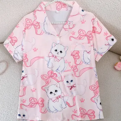 Women's Printed Pajama Set 3-Piece Short Sleeve Shorts Long Pants