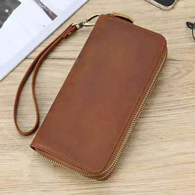 Herren-Langbrieftasche aus Crazy-Horse-Leder, Doppelreißverschluss, Vintage-Handybrieftasc