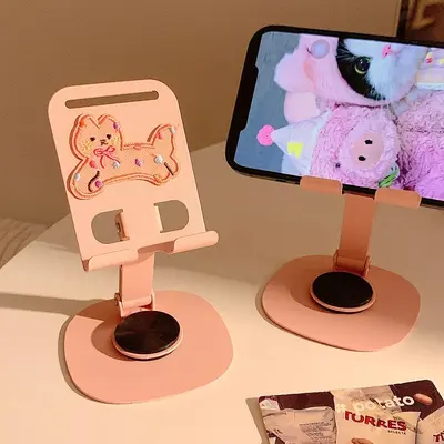 Metal Desktop Phone and Tablet Stand, Cute Pink Cat Design
