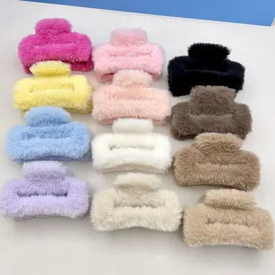 Oufeirle Autumn and Winter Square Plush Hair Clip Large Handmade Rabbit Fur Shark Clip Fluffy Hair Bun Clip Hair Accessory
