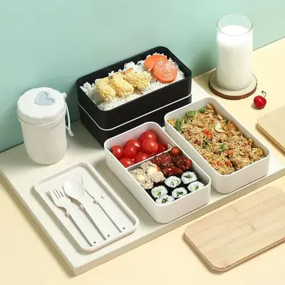 Japanisch gestaltete doppelschichtige Bento-Box mit Bambusdeckel, mikrowellengeeignet, geteilte Kunststoff-Lunchbox für Büropersonal, isolierte Lunchbox für Schüler, Frischehaltebox