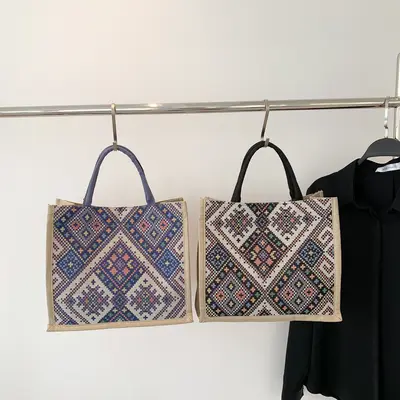 Cotton and Linen Bag, Ethnic Style, Jacquard Pattern - 3