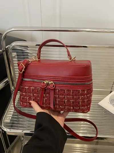 Mini Box Handbag with Wool Fabric and Chain Strap for Women - 6