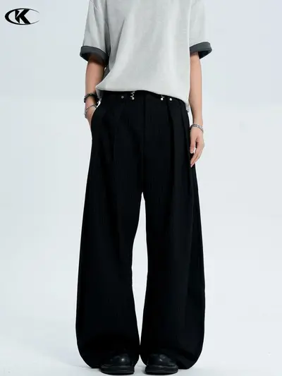 Black Striped Trousers for Men and Women, Curved Blade Cut, Wide-Leg Long Pants