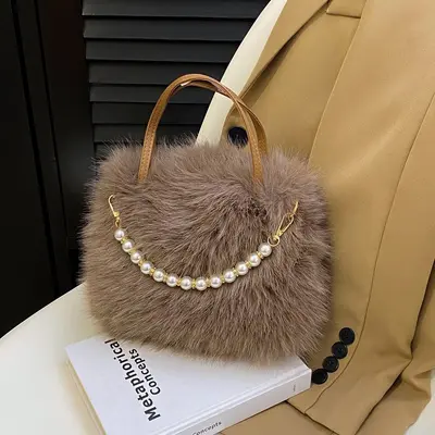 Women's Handbag, Plush and Beaded, Small Square Shoulder Bag - 10