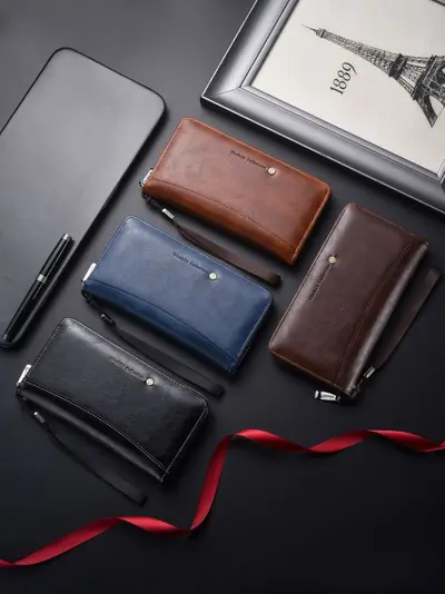 Men's Long Zipper Wallet with Multiple Card Slots, Large Capacity Leather Clutch - 6