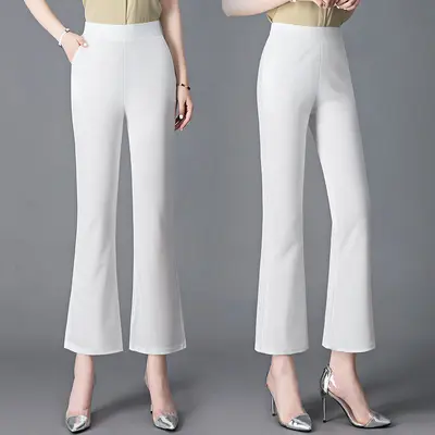 Damen-High-Waist-Hose mit weitem Bein, Weiß, elastisch