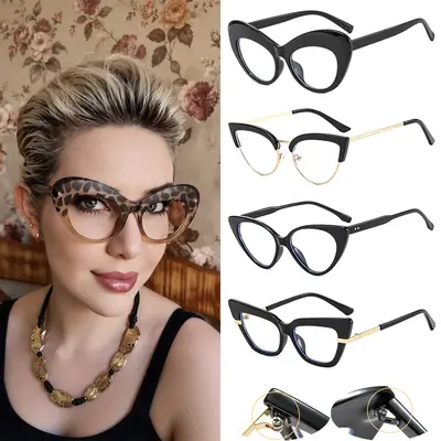 Cat-Eye Optical Glasses, Large Frame, Blue Light Filter, Flat Lens, Prescription Capable