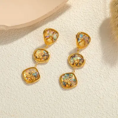 Geometrisches Abalone-Schmuckset mit 18K vergoldeter Titanstahl-Halskette