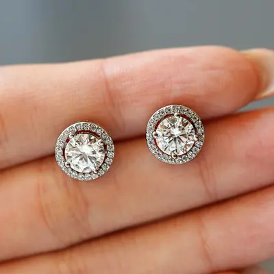 18K Gold Plated Halo Stud Earrings with Lab-Created Moissanite, S925 Silver