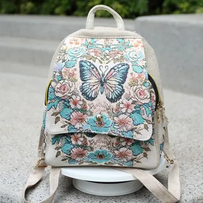 Women's Ethnic Embroidered Canvas Backpack with Gold Thread Embroidery - 13