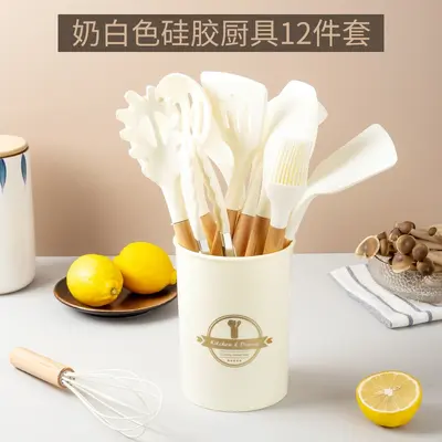 12-piece white silicone kitchen utensil set with wooden handles Amazon kitchen utensils spatula Scandinavian style kitchen tools